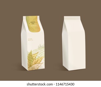 Green tea leaves package design with blank paper bag in 3d illustration