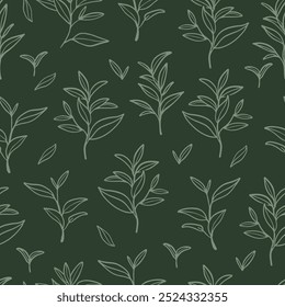 Green tea leaves pattern. Hand drawn branches and leaves on dark green background.