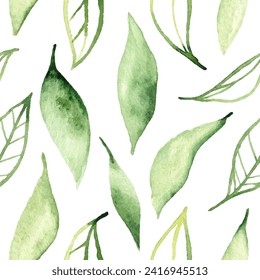 Green tea leaves seamless pattern. Vector illustration with watercolor texture