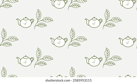 Green tea leaves seamless pattern background. Green tea leaves illustration pattern. Green tea leaves background. Perfect for fabric, textile, wallpaper, decor, print, packaging