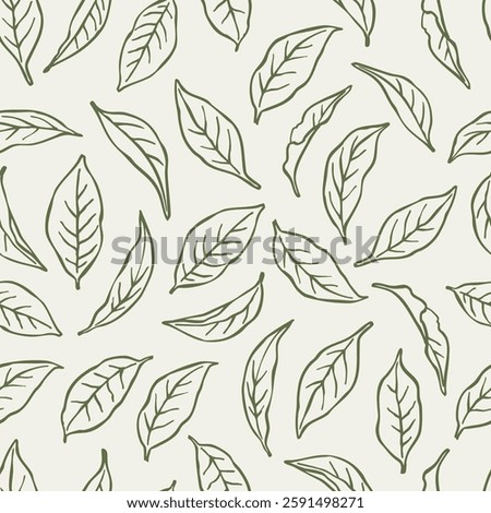 Green tea leaves seamless pattern. Vector hand drawn illustration of foliage