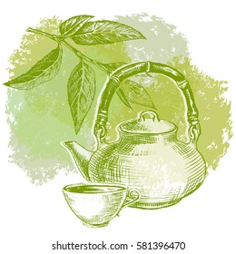 Green tea leaves and teapot with tea and cup. Green background. Hand drawing vector illustration.