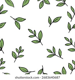 Grüner Tee hinterlässt Vektorgrafik. Minimales botanisches Design für Teeblätter. Tee Sprout verlässt Umrissvektor. Frische Kräutertee Blätter Sammlung. grüne Blätter, Vektormuster-Hintergrund. 