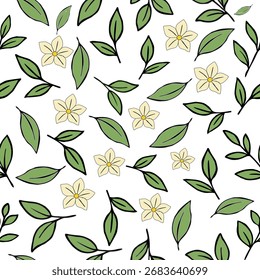 O chá verde deixa a ilustração vetorial. Projeto Botânico Mínimo De Folha De Chá. "Tea Sprout Leaves Outline Vetor" . Coleção de folhas de chá de ervas frescas. folhas verdes padrão de vetor de fundo. 