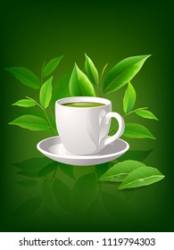 Green tea leaves vector nature background. Tea cup with mint isolated on Sunlight background. vector illustration.