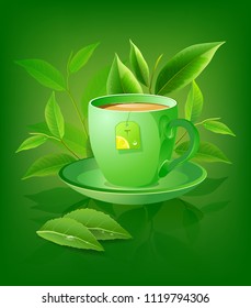 Green tea leaves vector nature background. Tea cup with mint isolated on Sunlight background. vector illustration.