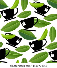 Green tea leaves vector nature background. Tea cup with mint isolated on Sunlight background. vector illustration.
