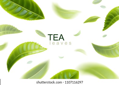 Green tea. Tea leaves whirl in the air. Tea leaves in motion on a white background. Element for design, advertising, packaging of tea products Vector illustration.