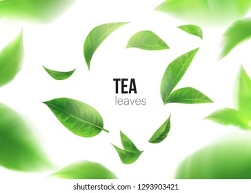 Green tea. Tea leaves whirl in the air.  Element for design, advertising, packaging of tea products white background 3d illustration