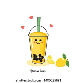 Green tea lemon cup with bubble  isolated on white background. funny cartoon character vector illustration.