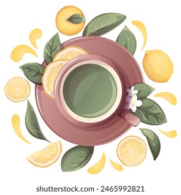 Té verde con limón en taza. Té de frutas. Ilustración para tienda de té, café, bar, fiesta, ceremonia del té, concepto de comida. Ilustración vectorial de menú, cartel, Sitio web, Anuncio, flyer, portada, invitación