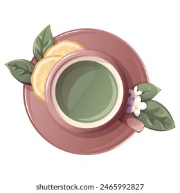 Green tea with lemon in cup. Fruit tea. Illustration for tea shop, cafe, bar, party, tea ceremony, food concept. Vector illustration for menu, poster, website, banner, flyer, cover, invitation
