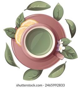 Green tea with lemon in cup. Fruit tea. Illustration for tea shop, cafe, bar, party, tea ceremony, food concept. Vector illustration for menu, poster, website, banner, flyer, cover, invitation