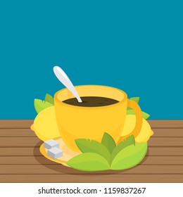 Green tea with lemon. Flat vector