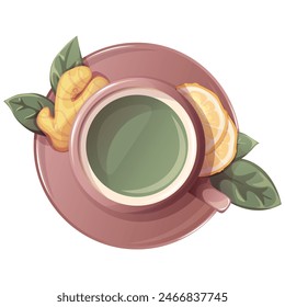 Té verde con limón y jengibre en taza. Ilustración para tienda de té, café, bar, fiesta, ceremonia del té, concepto de comida. Ilustración vectorial de menú, cartel, Sitio web, Anuncio, flyer, portada, invitación