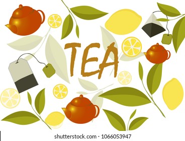 green tea with lemon slices, background for advertising banners and posters, vector image of tea party items