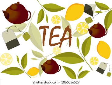 green tea with lemon slices, background for advertising banners and posters, vector image of tea party items