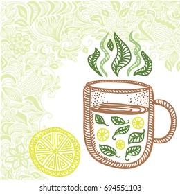 Green tea with lemon. Vector illustration.