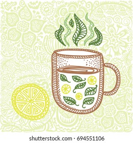 Green tea with lemon. Vector illustration.