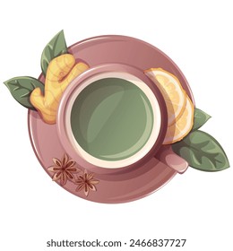 Green tea with lemon,ginger, star anise in cup. Illustration for tea shop, cafe, bar, party, tea ceremony, food concept. Vector illustration for menu, poster, website, banner, flyer, cover, invitation