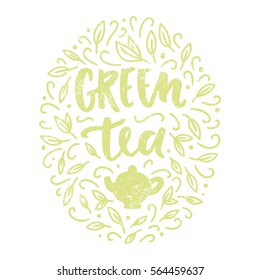 Green tea. Lettering and leaves doodles. Vector hand drawn illustration.