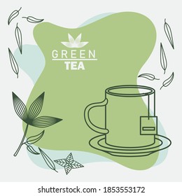 green tea lettering poster with mug and leafs vector illustration design