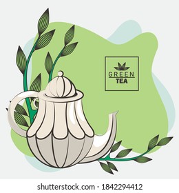 green tea lettering poster with teapot and leafs vector illustration design