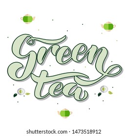 Green tea lettering typography. Logotype, icon, badge, label. For restaurant poster, signboard, menu. Cup of tea. Handdrawn leaves and three kettles. Textured background. Tea packaging design.