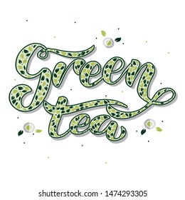 Green tea lettering typography. Logotype, icon, badge, label. For restaurant poster, signboard, menu. Handdrawn leaves and cups of tea.Textured background. Tea packaging design.