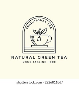 green tea line art with emblem style logo vector template illustration design, tea and cup icon concept