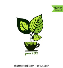 Green tea logo. Tea cup with beautiful green leaves isolated on white. Emblem for bar, restaurant, cafe. Template for eco natural design.