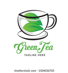Green Tea logo with cup, good for cafe logo and herbal food brand logo