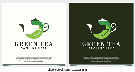 diseño de logotipo de té verde con concepto creativo de hoja y tetera