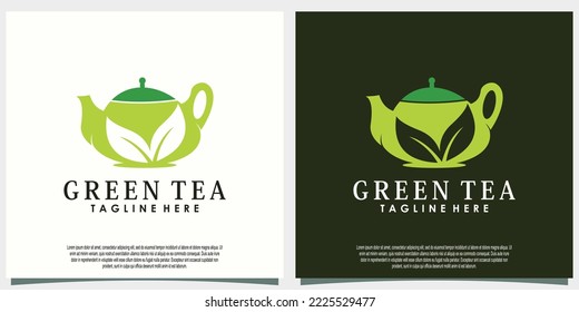 diseño de logotipo de té verde con concepto creativo de hoja y tetera