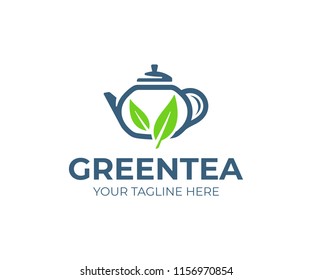 Green Tea Logo Design. Teapot With Leaves Vector Design. Teahouse Logotype