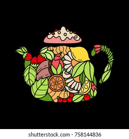 Green tea logo graphic element. Herbal tea doodle art print. Creative teapot doodle art illustration.  