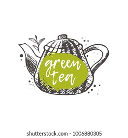 Green tea. Logo, icon and label for your design. Hand drawn doodle vector illustration. Can be used for menu, cafe, restaurant, bar, tea shop, emblem, sticker, badge.