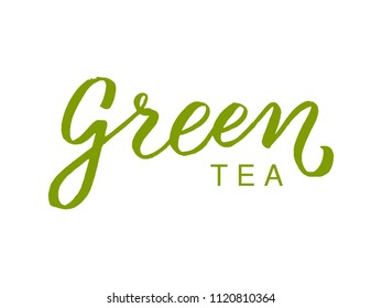 Green tea logo, lettering design, calligraphy logotype, green label. Ecological, bio, natural, detox, healthy drink - green tea words. Hand drawn typography lettering poster, vector illustration.