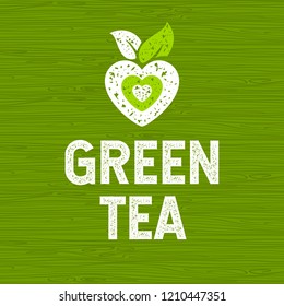 Green tea logo, lettering design, sign logotype, leaf, sticker, green labels. Heart, o, bio, locally grown, natural, detox, healthy. Hand drawn vector illustration.