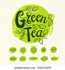 Green tea logo, lettering design, calligraphy logotype, leaf, set of stickers, green labels. Eco, bio, locally grown, natural, detox, healthy, menu. Hand drawn vector illustration.