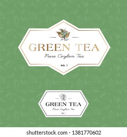 Green tea logo and seamless pattern. Label for elite tea. The leaves and letters in a classic style on a white geometric label.