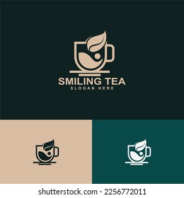 green tea logo, smiling tea glass character logo design vector illustration isolated background, tea leaf, cup, teapot simple and clean logo