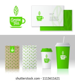 Green tea logo and style. Mock up food and drink packages. Corporate identity template set with pattern of tea. Business card, paper cups and packs with pattern.