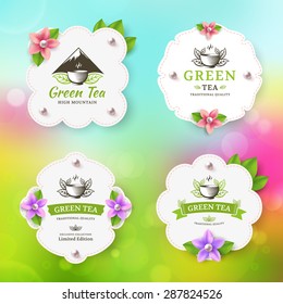 Green tea logos. Vector set label for tea shop or cafe.