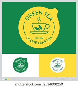 Green Tea Loose Leaf Tea icon and sticker-label. Cup with green leaves and etters in circle frame.