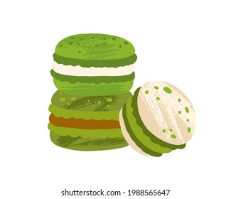 Green tea macaroons with fillings. Japanese macarons with matcha ganache, white chocolate and caramel. Asian natural vegetarian dessert. Isolated colored flat vector illustration of sweet food