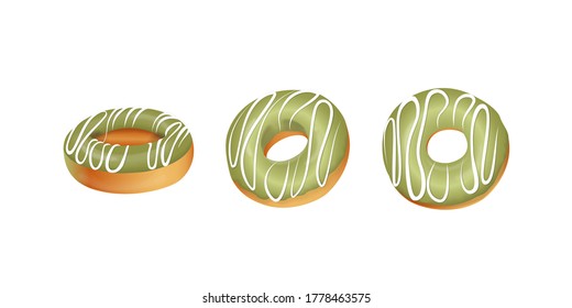 Té verde Matcha Donuts con glaseado de azúcar blanco , vista lateral y superior ,Ilustración vectorial sobre fondo blanco . 