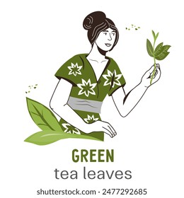 Green tea and matcha drink banner or label, vector illustration isolated on white background. Design for green tea and matcha packs with woman holding green leaves.