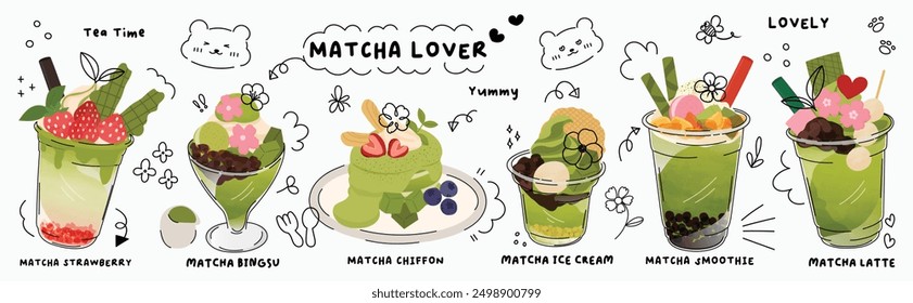 Green tea matcha drinks design with cute doodle decoration. Set of healthy beverage, matcha latte, smoothie, ice cream, chiffon. Vector illustration for logo, promotion, marketing, package, ads.