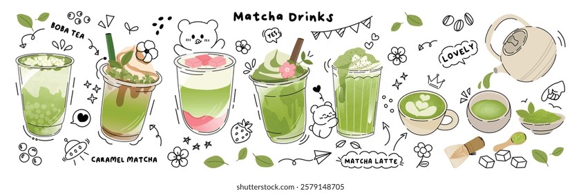 Green tea matcha drinks element design with cute doodle decoration. Set of healthy beverage, matcha latte, ice cream, whisk, kettle. Vector illustration for logo, promotion, marketing, package, ads.